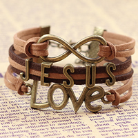 Combined Bracelet, PU Leather, Jesus & love & infinity, with Wax Cord & Zinc Alloy, antique bronze color plated , brown, lead & cadmium free, 60mm .8 Inch 