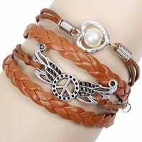 Combined Bracelet, PU Leather, heart & wing, with Waxed Cotton Cord & Plastic Pearl & Zinc Alloy, Peace Logo, antique silver color plated , brown, lead & cadmium free, 60mm .8 Inch 
