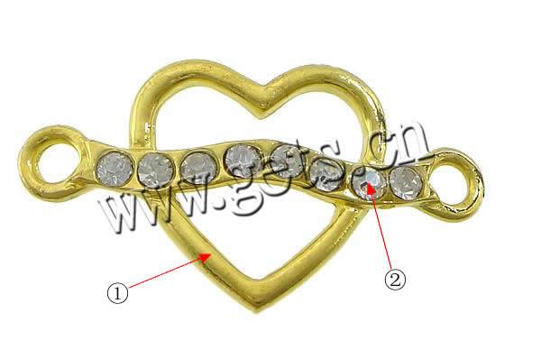 Rheinkiesel Zinklegierung Verbinder, Herz, plattiert, Kundenindividuell & mit Strass & 1/1-Schleife, keine, 34x19x3mm, Bohrung:ca. 3mm, verkauft von PC