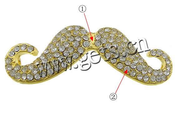 Rhinestone Zinc Alloy Connector, Mustache, plated, Customized & with rhinestone & 1/1 loop, more colors for choice, 54x18x3.5mm, Hole:Approx 3mm, Sold By PC