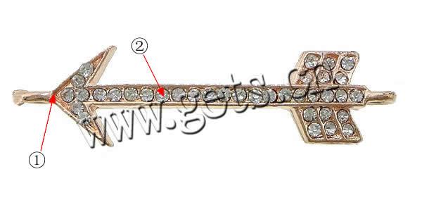 Rheinkiesel Zinklegierung Verbinder, Pfeil, plattiert, Kundenindividuell & mit Strass & 1/1-Schleife, keine, 53x13x3.5mm, Bohrung:ca. 3mm, verkauft von PC