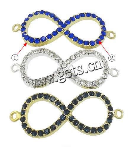 Rhinestone Zinc Alloy Connector, Infinity, plated, Customized & with rhinestone & 1/1 loop, more colors for choice, 42x17x3mm, Hole:Approx 2mm, Sold By PC
