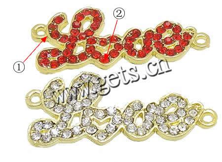 Rhinestone Zinc Alloy Connector, Letter, word love, plated, Customized & with rhinestone & 1/1 loop, more colors for choice, 36x15x2mm, Hole:Approx 2mm, Sold By PC