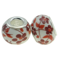 Brass Core European Porcelain Beads, with Brass, Rondelle, silver color plated, without troll & decal, red Approx 5mm 