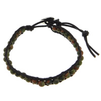 Unakite Wrap Bracelet, with Cowhide, brass clasp, platinum color plated, 7mm, 4mm Approx 9 Inch 