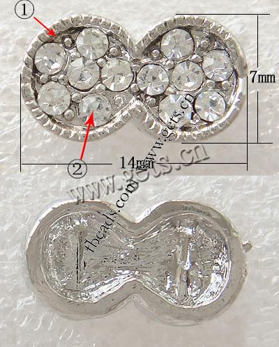 Barra separadora de diamantes de imitación, Esférico, chapado, con diamantes de imitación de Mideast & 2-sarta, más colores para la opción, libre de níquel, plomo & cadmio, 14x7mm, agujero:aproximado 1mm, Vendido por UD