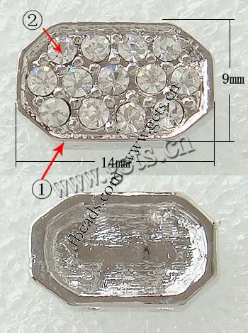 Barra separadora de diamantes de imitación, con aleación de zinc, Rectángular, chapado, con diamantes de imitación de Mideast & 2-sarta, más colores para la opción, libre de níquel, plomo & cadmio, 14x9mm, agujero:aproximado 1.8mm, Vendido por UD