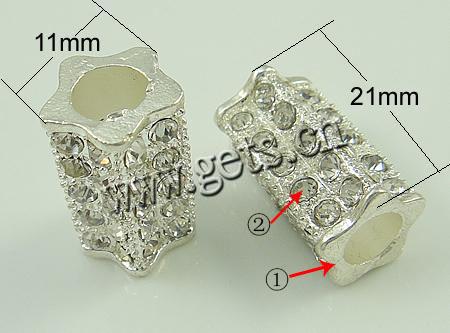 Rhinestone Zinc Alloy European Beads, Tube, plated, with Mideast rhinestone & without troll, more colors for choice, nickel, lead & cadmium free, 21x11mm, Hole:Approx 6mm, Sold By PC