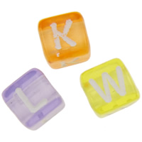 Plastic Alphabet Beads, Cube, with letter pattern, mixed colors, 6mm 