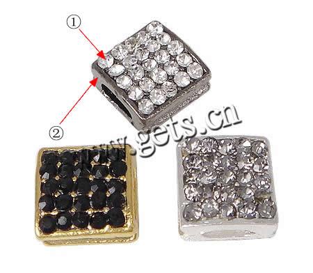 Rhinestone Zinc Alloy Beads, Square, plated, more colors for choice, 10x10x5.5mm, Hole:Approx 6x2.5mm, Sold By PC