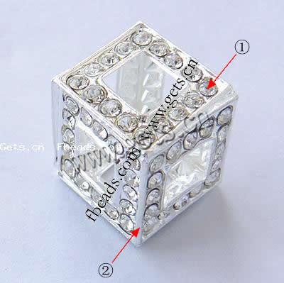 Rhinestone Zinc Alloy Beads, Cube, plated, more colors for choice, 13.5x13.5x13.5mm, Hole:Approx 5.5mm, Sold By PC