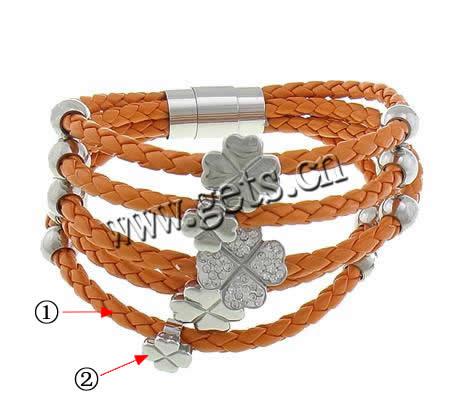 PU Leather Cord Bracelets, with Rhinestone Clay Pave & 316 Stainless Steel, with 52 pcs rhinestone & different length for choice & 5-strand, more colors for choice, 9x9mm, 12.5x12.5mm, 15x15mm, 8mm, 4mm, Sold By Strand
