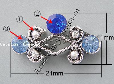 Rhinestone Spacer Bar, with Zinc Alloy, Flower, plated, 2-strand, more colors for choice, 21x11x5mm, Hole:Approx 1.5mm, Sold By PC