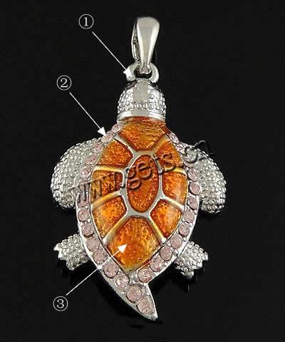 Pendentifs animaux en alliage de zinc, tortue, Plaquage normal, émail & avec strass, plus de couleurs à choisir, 43x27x9mm, Trou:Environ 7x4.5mm, Vendu par PC