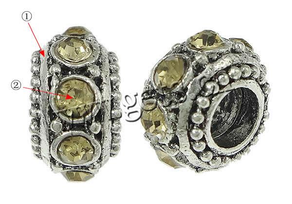 Rhinestone Zinc Alloy European Beads, Rondelle, plated, Customized & without troll, more colors for choice, nickel & cadmium free, 7x11mm, Hole:Approx 5mm, Sold By PC