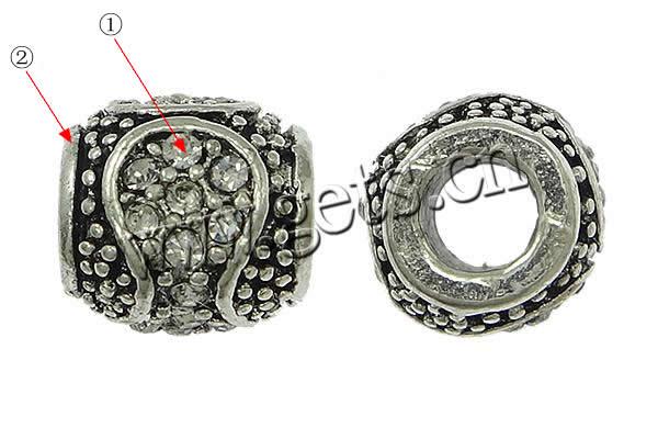 Rhinestone Zinc Alloy European Beads, Drum, plated, Customized & without troll & with rhinestone, more colors for choice, nickel & cadmium free, 10mm, Hole:Approx 5mm, Sold By PC