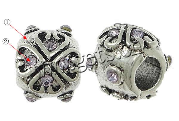 Perles European de stras d'alliage de Zinc , tambour, Placage, Personnalisé & avec strass, plus de couleurs à choisir, sans nickel et cadmium, 9x11mm, Trou:Environ 4mm, Vendu par PC