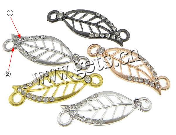 Rhinestone Zinc Alloy Connector, Leaf, plated, Customized & with rhinestone & 1/1 loop, more colors for choice, cadmium free, 35x12x2.5mm, Hole:Approx 3mm, Sold By PC