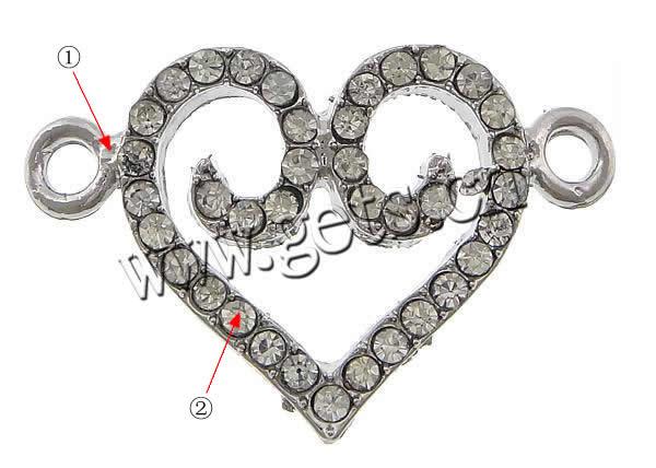 Rhinestone Zinc Alloy Connector, Heart, plated, Customized & with rhinestone & 1/1 loop, more colors for choice, cadmium free, 28x18x3mm, Hole:Approx 2.5mm, Sold By PC