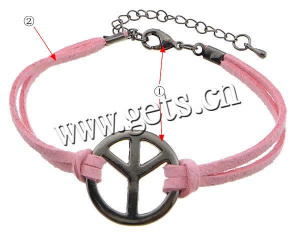 Fashion Velveteen Cord Bracelets, with Zinc Alloy, brass lobster clasp, with 3 inch extender chain, Peace Logo, plumbum black color plated, Customized, more colors for choice, cadmium free, 22.5x22.5x2mm, 2mm, Length:Approx 7 Inch, Sold By Strand