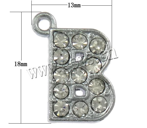 Zinc Alloy Alphabet Pendants, with Paraffin, Letter B, plated, with rhinestone, more colors for choice, 13x18x3mm, Hole:Approx 2mm, Sold By PC