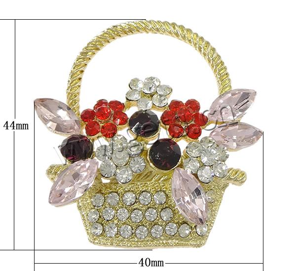 Rhinestone Zinc Alloy Ornaments, with Glass, Flower Basket, plated, flat back & faceted & with rhinestone, more colors for choice, lead & cadmium free, 40x44x7mm, Sold By PC