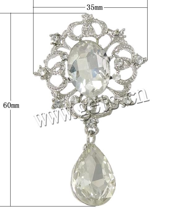 Zinc Alloy Jewelry Brooch, with Glass, Flower, plated, faceted & with rhinestone, more colors for choice, lead & cadmium free, 35x60x10mm, Sold By PC