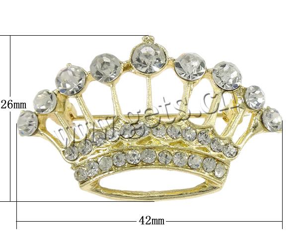 Rhinestone Zinc Alloy Brooch, Crown, plated, with rhinestone, more colors for choice, lead & cadmium free, 42x26x7mm, Sold By PC