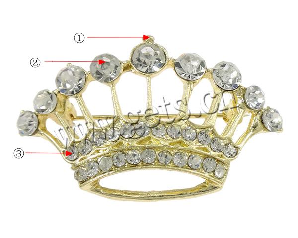 Rhinestone Zinc Alloy Brooch, Crown, plated, with rhinestone, more colors for choice, lead & cadmium free, 42x26x7mm, Sold By PC