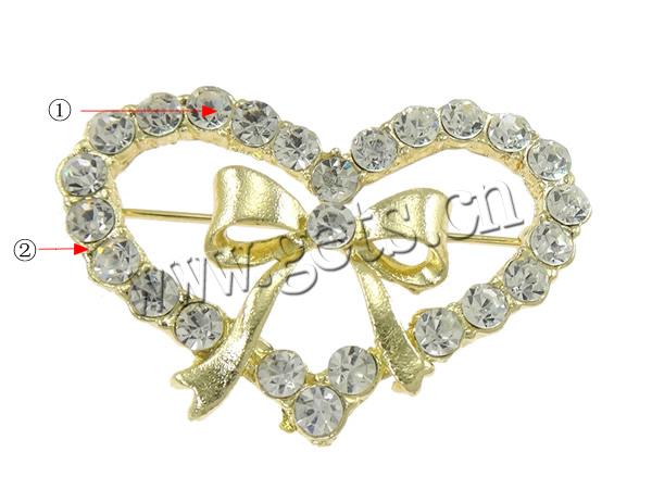Zinc Alloy Jewelry Brooch, Heart, plated, with rhinestone, more colors for choice, lead & cadmium free, 41x27x4mm, Sold By PC