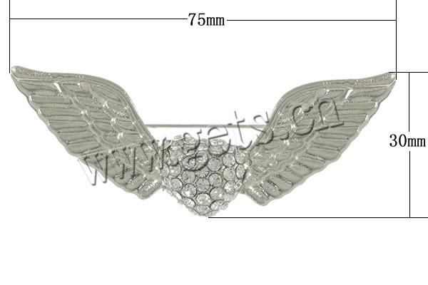 Zinc Alloy Jewelry Brooch, Winged Heart, plated, with rhinestone, more colors for choice, lead & cadmium free, 75x30x7mm, Sold By PC