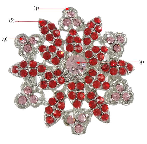 Zinc Alloy Jewelry Brooch, Flower, plated, with rhinestone, more colors for choice, lead & cadmium free, 55x60x11mm, Sold By PC