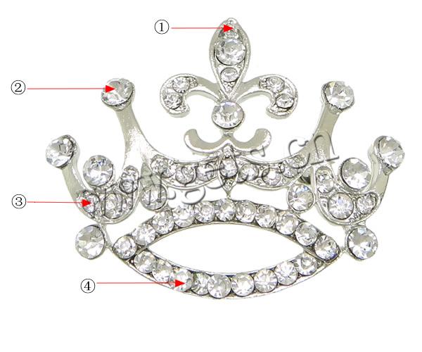 Zinc Alloy Jewelry Brooch, Crown, plated, with rhinestone, more colors for choice, lead & cadmium free, 46x38x4mm, Sold By PC