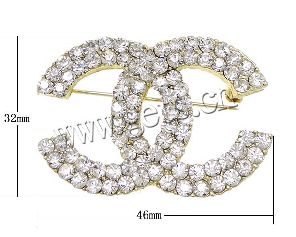 Zinc Alloy Jewelry Brooch, Chanel, plated, with rhinestone, more colors for choice, lead & cadmium free, 46x32x5mm, Sold By PC