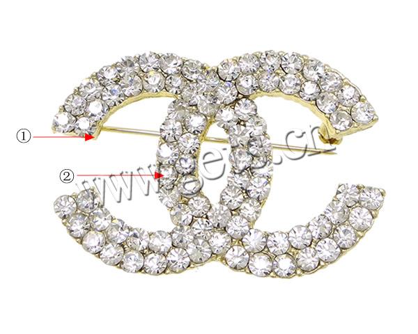 Zinc Alloy Jewelry Brooch, Chanel, plated, with rhinestone, more colors for choice, lead & cadmium free, 46x32x5mm, Sold By PC