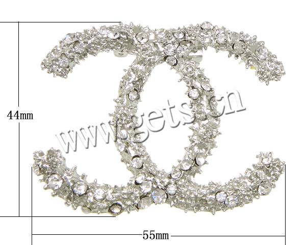 Zinc Alloy Jewelry Brooch, Letter C, plated, with rhinestone, more colors for choice, lead & cadmium free, 55x44x6mm, Sold By PC