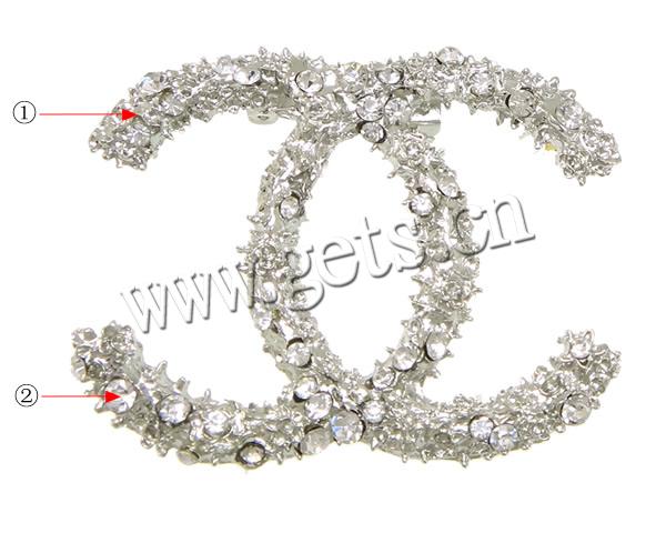 Zinc Alloy Jewelry Brooch, Letter C, plated, with rhinestone, more colors for choice, lead & cadmium free, 55x44x6mm, Sold By PC