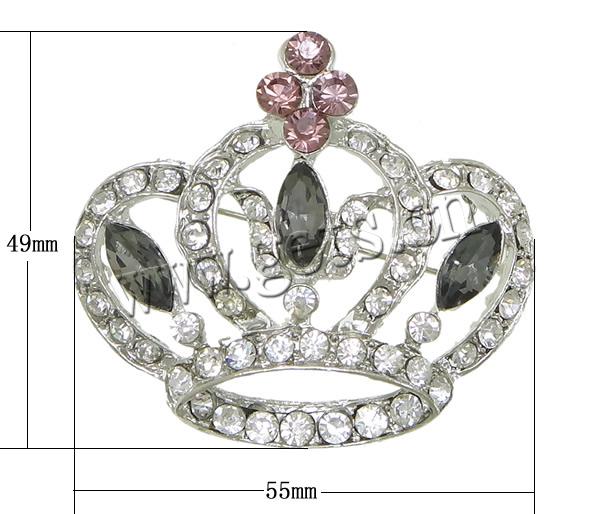 Zinc Alloy Jewelry Brooch, with Glass, Crown, plated, faceted & with rhinestone, more colors for choice, lead & cadmium free, 55x49x5mm, Sold By PC
