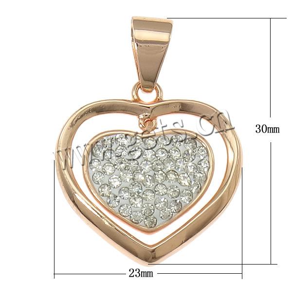 Rhinestone Clay Pave Pendants, Brass, Heart, plated, more colors for choice, lead & cadmium free, 23x30x3mm, Hole:Approx 5x8mm, Sold By PC