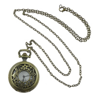 Zinc Alloy Watch Necklace, with Glass, Flat Round, antique bronze color plated, twist oval chain & with flower pattern, 39mm Approx 31.5 Inch 
