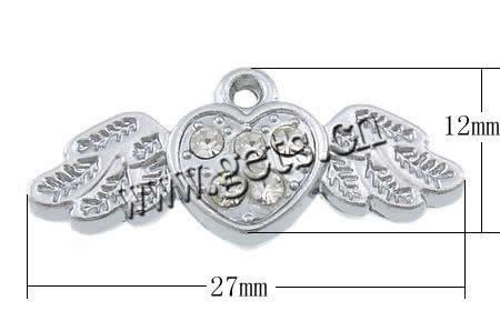 Zinc Alloy Heart Pendants, Winged Heart, plated, Customized & with rhinestone, more colors for choice, nickel, lead & cadmium free, 27x12x4mm, Hole:Approx 1.5mm, Sold By PC