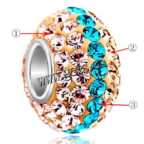 Rhinestone Brass European Beads, Rhinestone Clay Pave, Rondelle, silver color plated, Customized & brass single core without troll, more colors for choice, nickel, lead & cadmium free, 9x13mm, Hole:Approx 4.5mm, Sold By PC