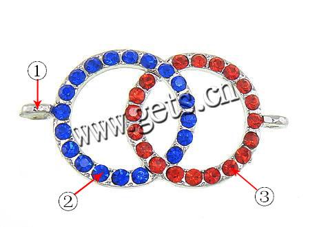 Rhinestone Zinc Alloy Connector, plated, Customized & with rhinestone & 1/1 loop, more colors for choice, 22x33x3.5mm, Hole:Approx 2mm, Sold By PC