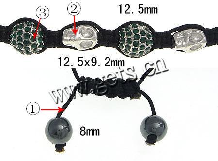 Zinc Alloy Woven Ball Bracelets, with Wax Cord & Hematite, handmade, Customized & with A grade rhinestone, more colors for choice, 12.5mm, 12.5x9.2mm, 8mm, Length:Approx 8-12 Inch, Sold By Strand