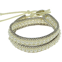 South Sea Shell Wrap Bracelet, with Waxed Nylon Cord & Brass, platinum color plated , 5mm, 12mm .5-17 Inch 