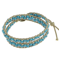 Synthetic Turquoise Wrap Bracelet, with Waxed Nylon Cord & Crystal, platinum color plated, faceted & , 6mm, 4mm, 12mm Approx 16.5 Inch 