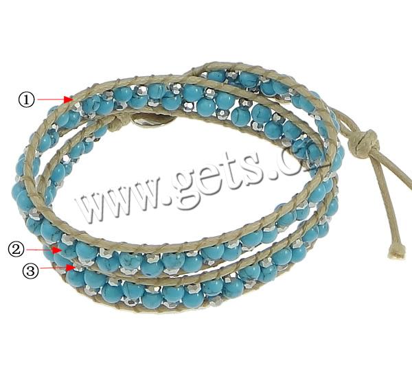 Synthetic Turquoise Wrap Bracelet, with Waxed Nylon Cord & Crystal, platinum color plated, faceted & 2-strand, 6mm, 4mm, 12mm, Length:Approx 16.5 Inch, Sold By Strand