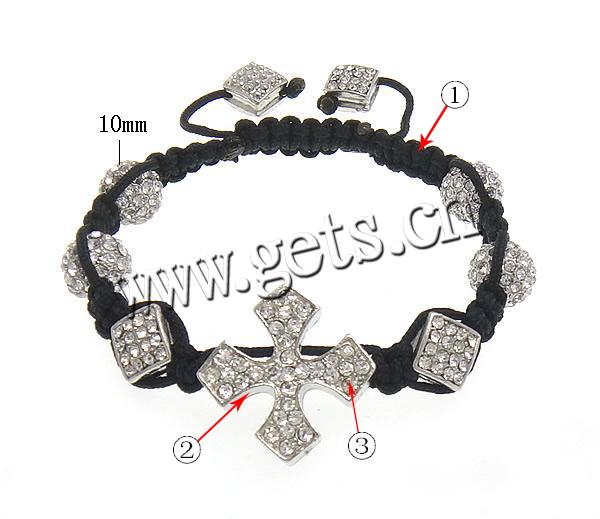 Zinc Alloy Woven Ball Bracelets, with Wax Cord, Cross, handmade, with A grade rhinestone, more colors for choice, 25x25x5mm, 9x9x7mm, 10mm, Length:Approx 7-10 Inch, Sold By Strand