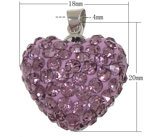 Rhinestone Clay Pave Pendants, Brass, with Rhinestone Clay Pave, Heart, platinum color plated, with 120 pcs rhinestone, purple, 18x20x11mm, Hole:Approx 4mm, Sold By PC