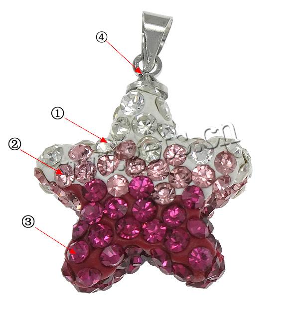 Rhinestone Clay Pave Pendants, Brass, with Rhinestone Clay Pave, Star, platinum color plated, 19x22x9mm, Hole:Approx 3.5x4mm, Sold By PC